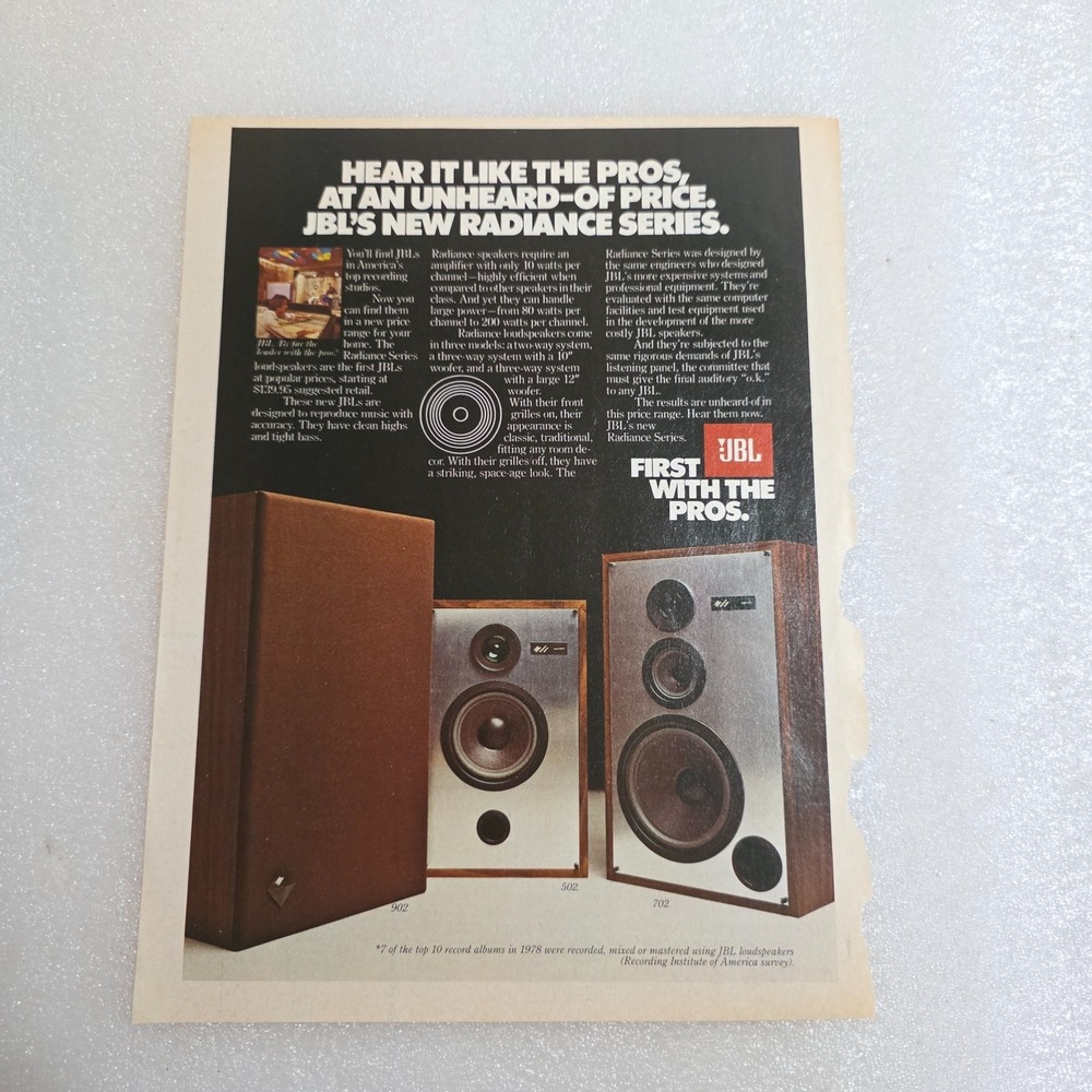 Vintage Print Ad JBL Radiance Series stereo speakers color 8x10.5 1979